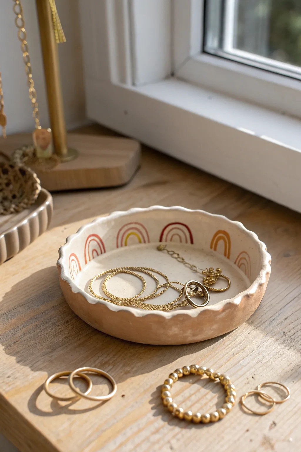 Boho arch trinket tray in terracotta and cream, perfect for corralling necklaces and rings