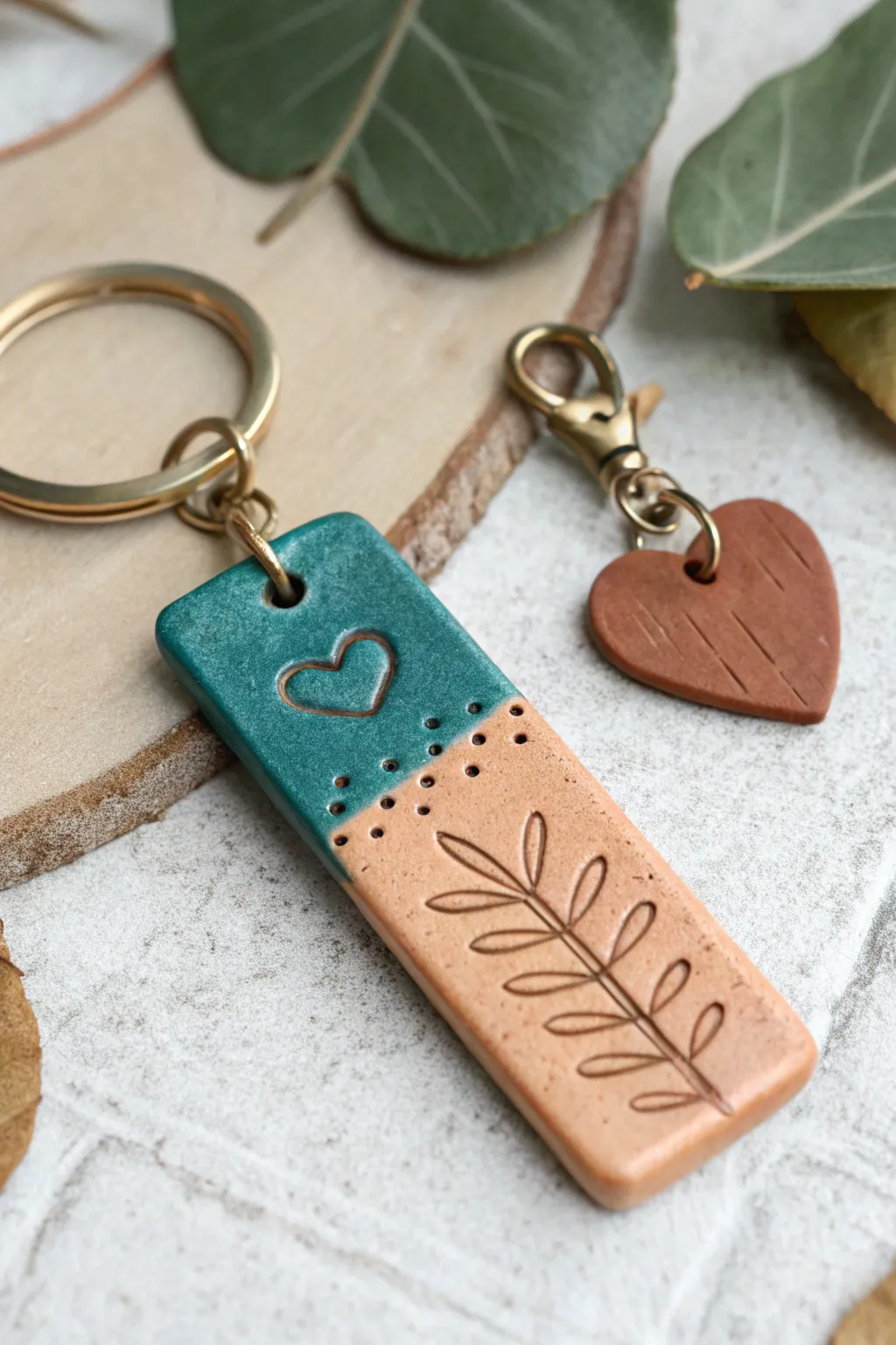 Mini clay nameplate keychain with a tiny charm, terracotta warmth and bold teal contrast.