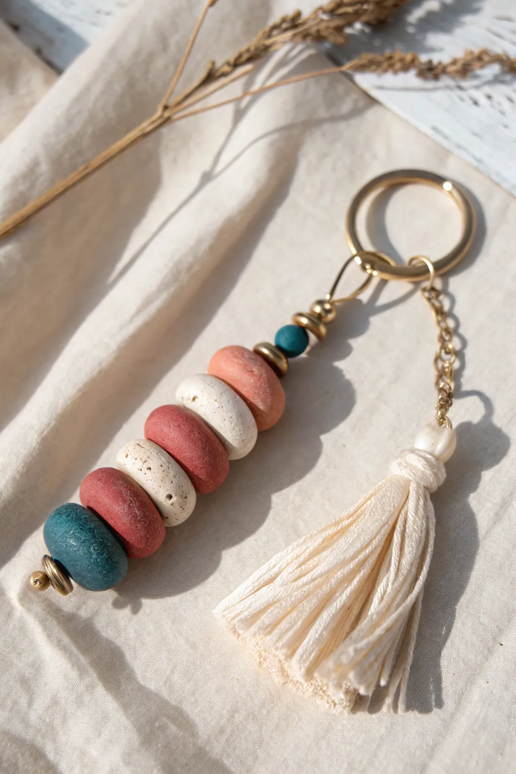 Boho clay bead stack keychain with tassel detail in bold, earthy colors and a minimalist vibe.