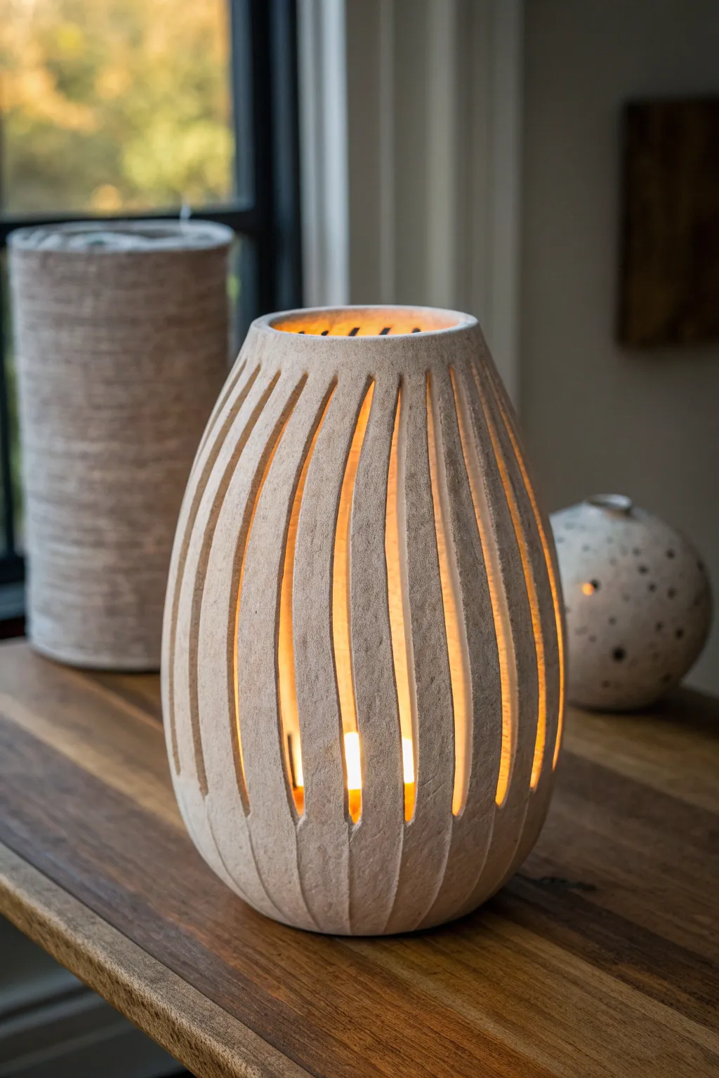 Rippled clay lantern with slit cutouts, casting curved stripes of warm light at dusk