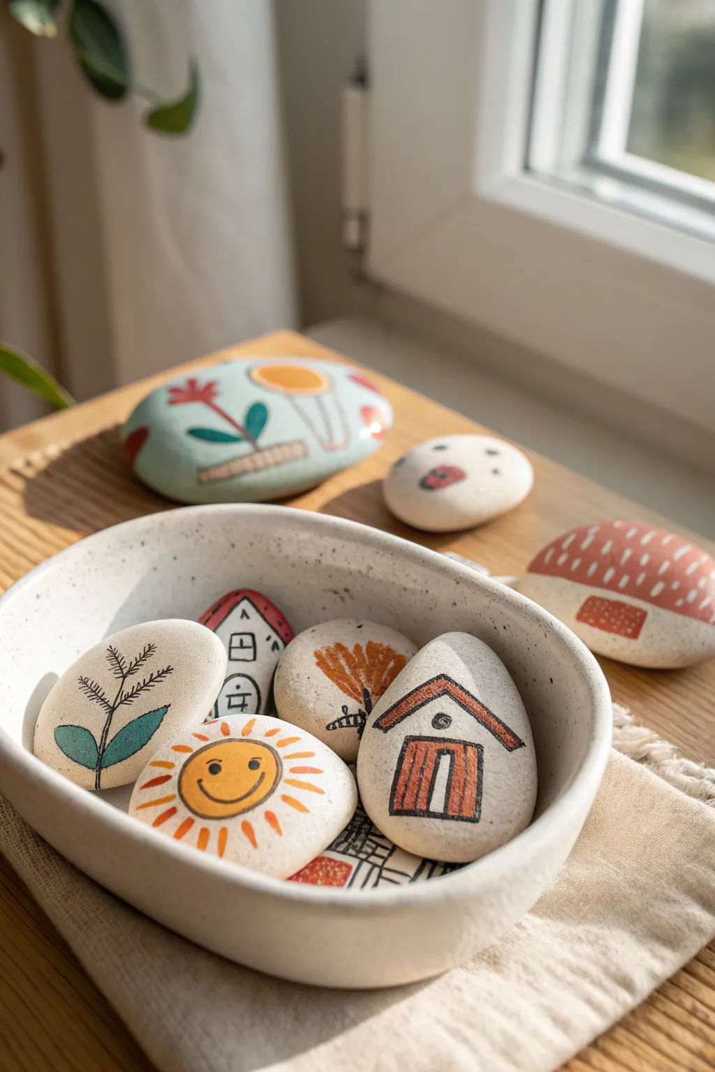 Playful clay story stones in a simple ceramic dish, bold boho colors for kids to invent tales