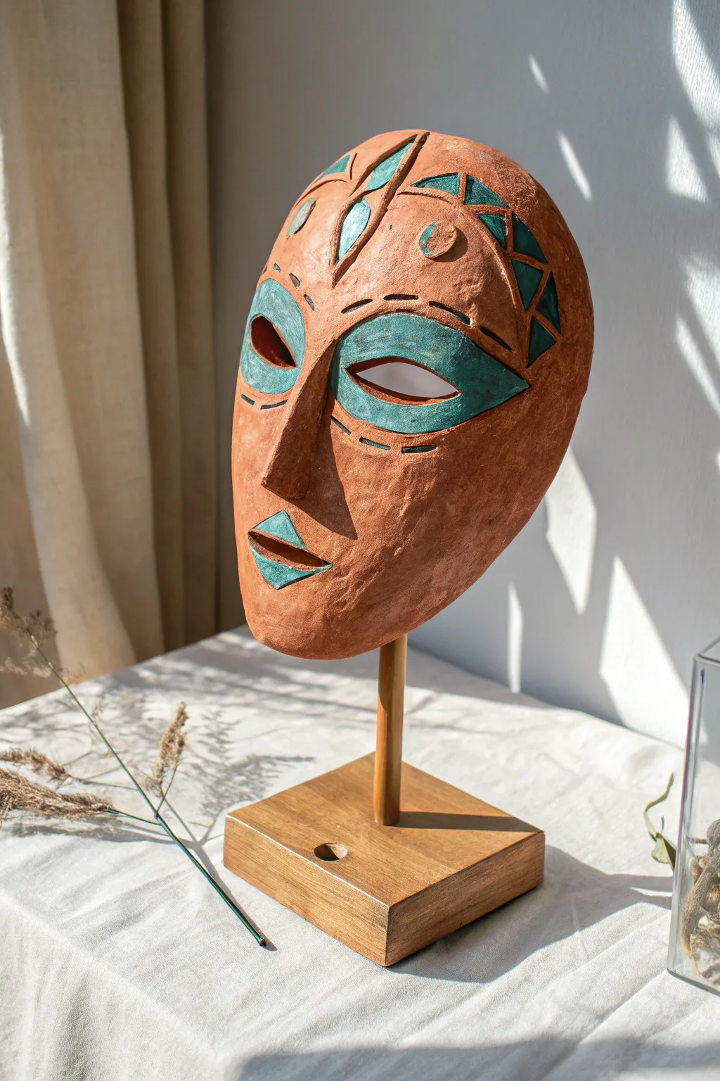 Layered clay mask with cutout windows, dramatic shadows, and bold minimalist color contrast.