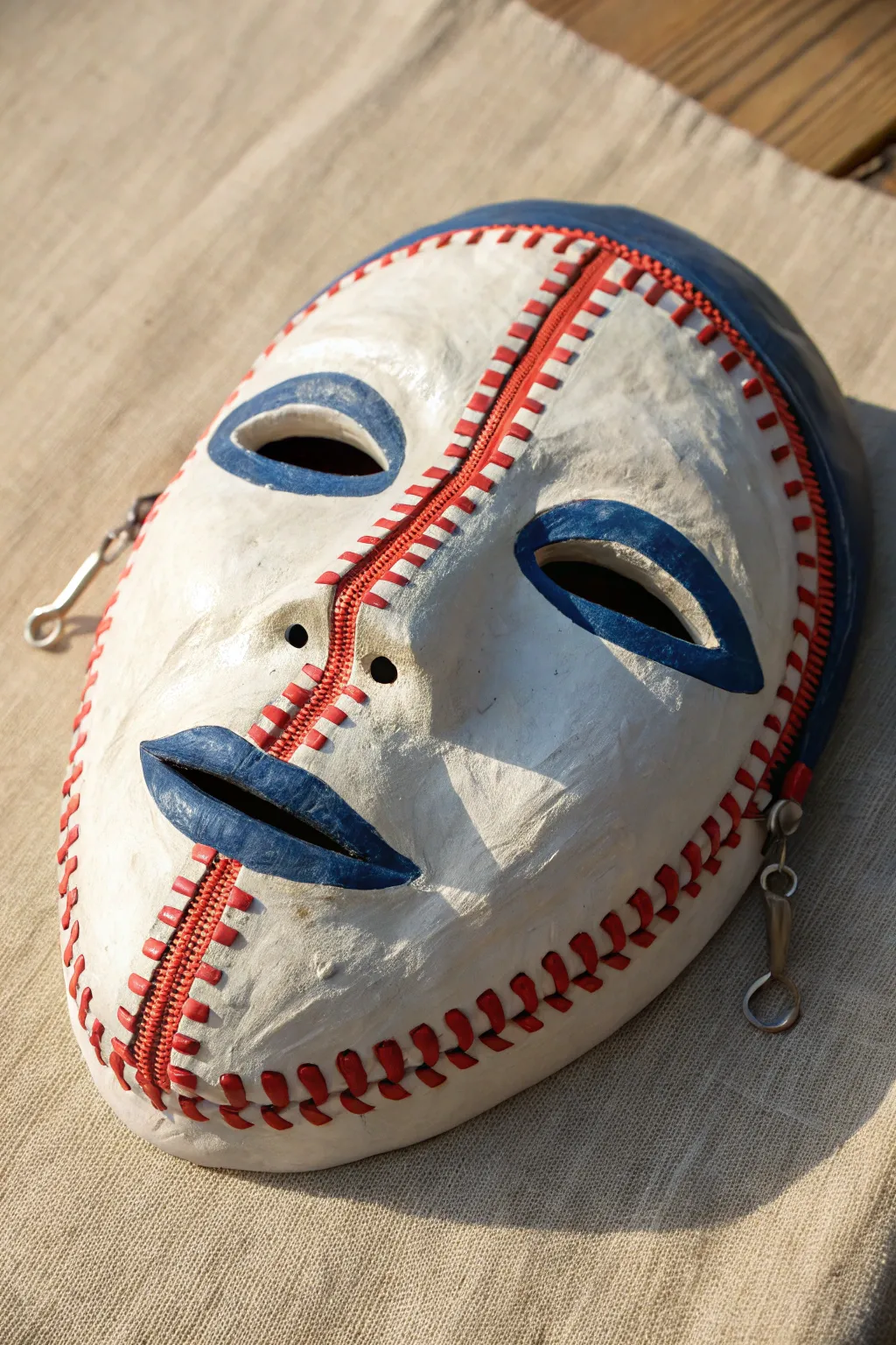 Surreal zipper mouth clay mask, minimalist face and bold color pop for art class inspiration.