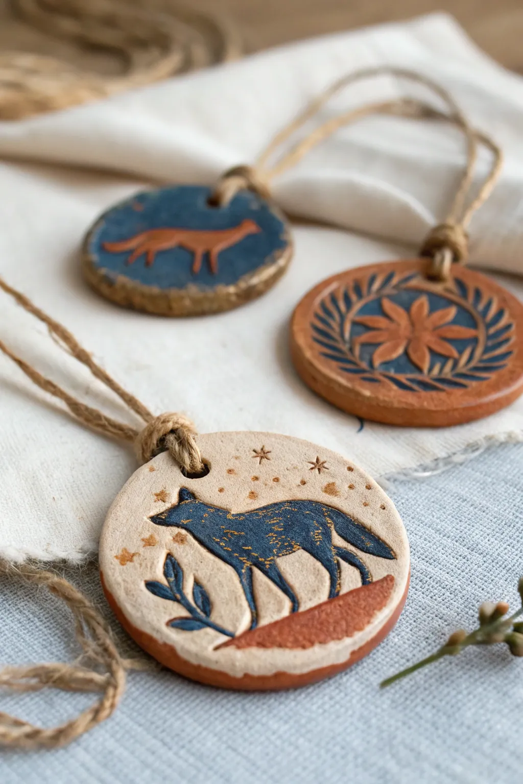 Minimal animal silhouette clay medallions with bold glaze accents and Nordic boho charm