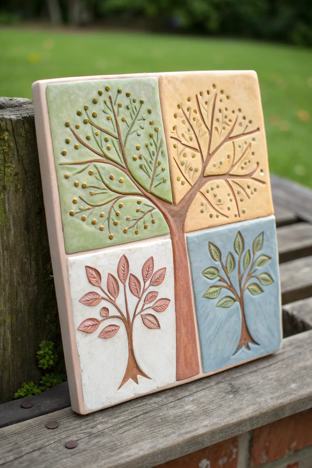 Season Tree clay plaque with dot leaves in four palettes, an easy kindergarten relief board idea