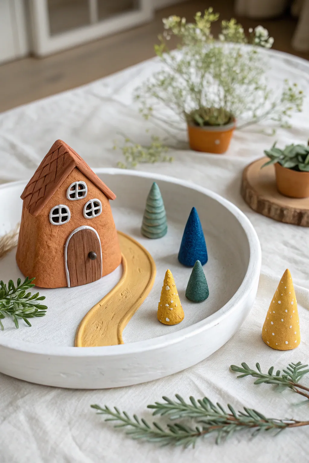 Tiny clay house and cone trees on a tray, perfect small-world play idea for preschoolers