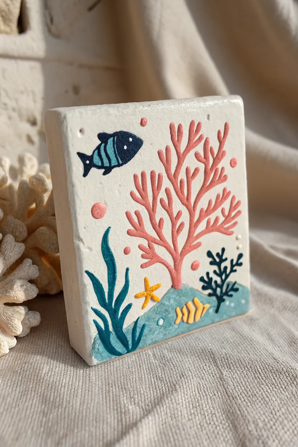 Mini coral reef clay tile in vibrant ocean hues, a kid-friendly relief with bubbles and fish
