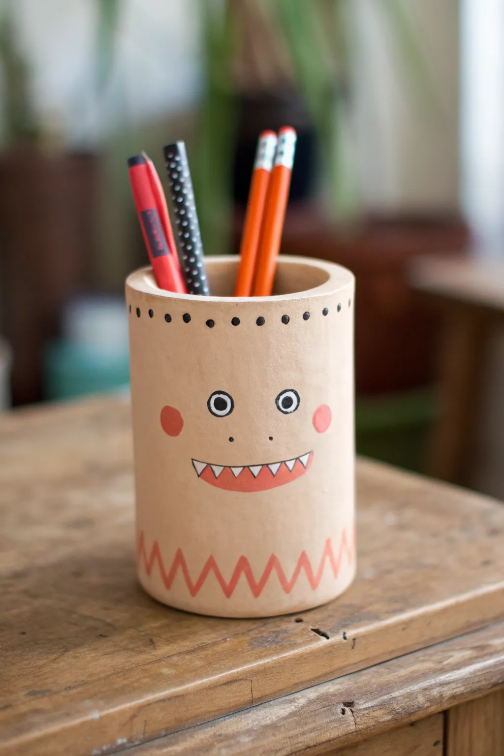 Bright clay pen cup monster with side eyes, handmade texture, and a bold minimalist pop.