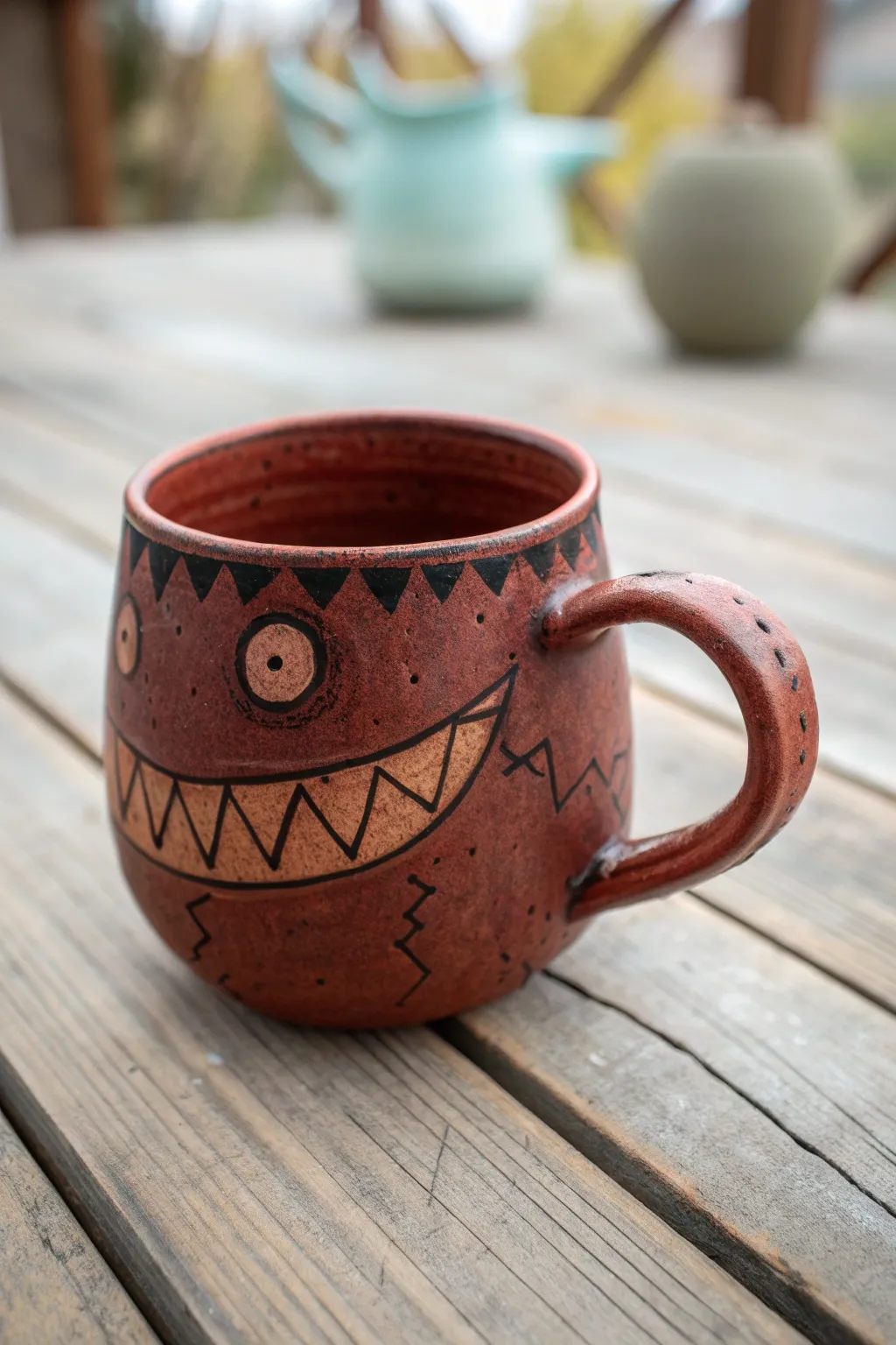 Scarred monster mug with torn-skin rim in deep red clay, bold yet minimal for cozy witchy vibes.