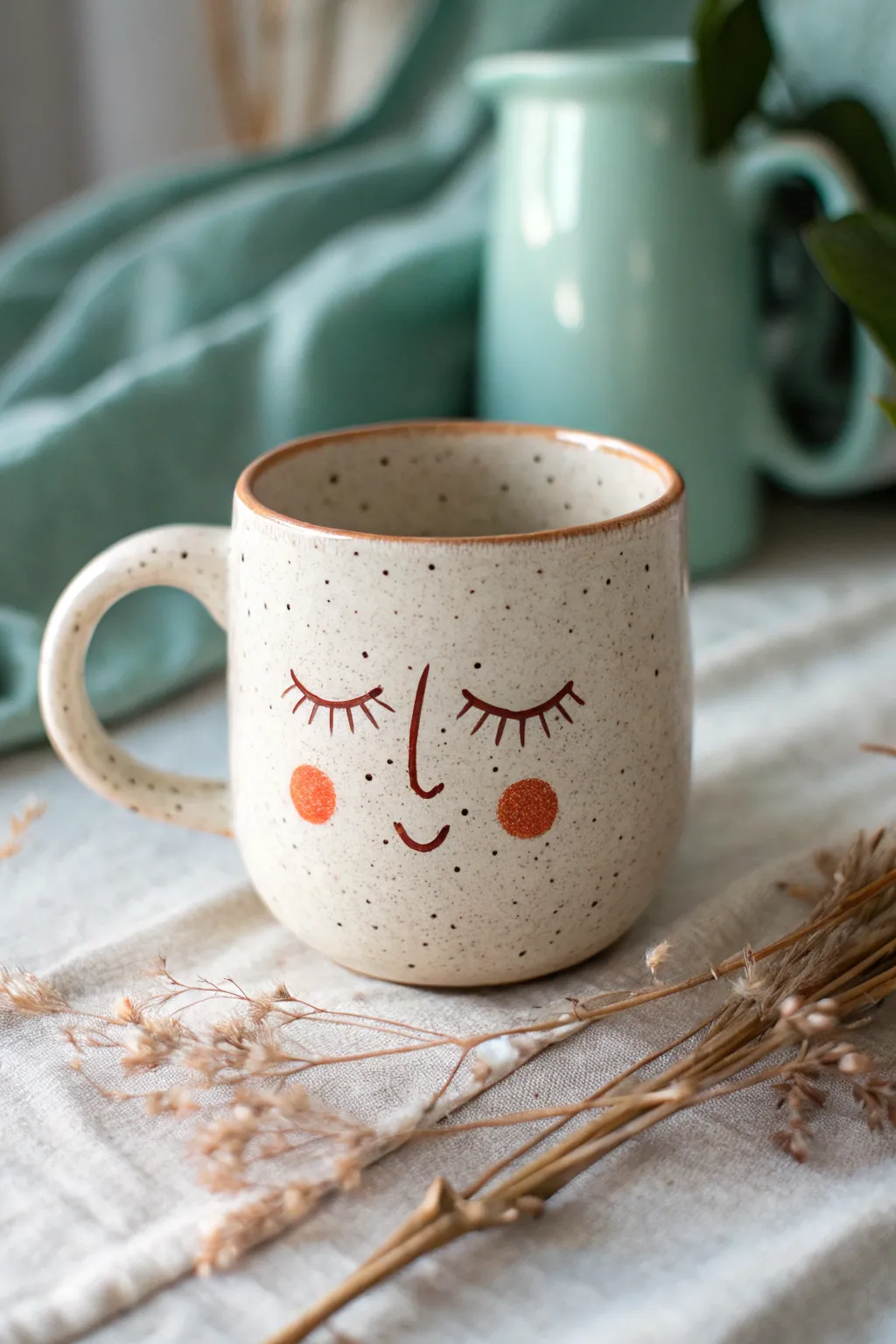 Simple face mug with closed eyes and rosy cheeks, a beginner-friendly design with cozy minimal charm