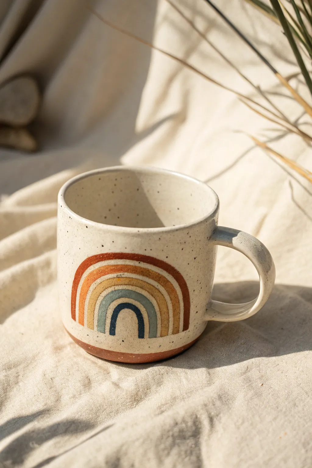 Simple DIY clay mug with a bold raised rainbow arch, minimalist look with warm boho color pop