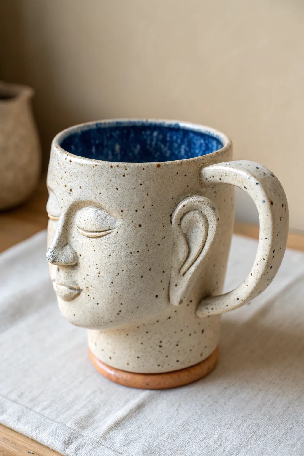 Minimalist clay face mug with handle ear and matching ear, bold glaze, cozy boho vibe