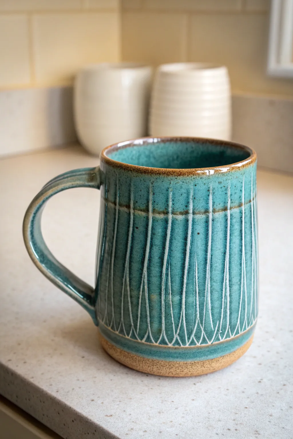 Textured handle that mirrors the mug body, with a single glaze breaking to reveal every line.