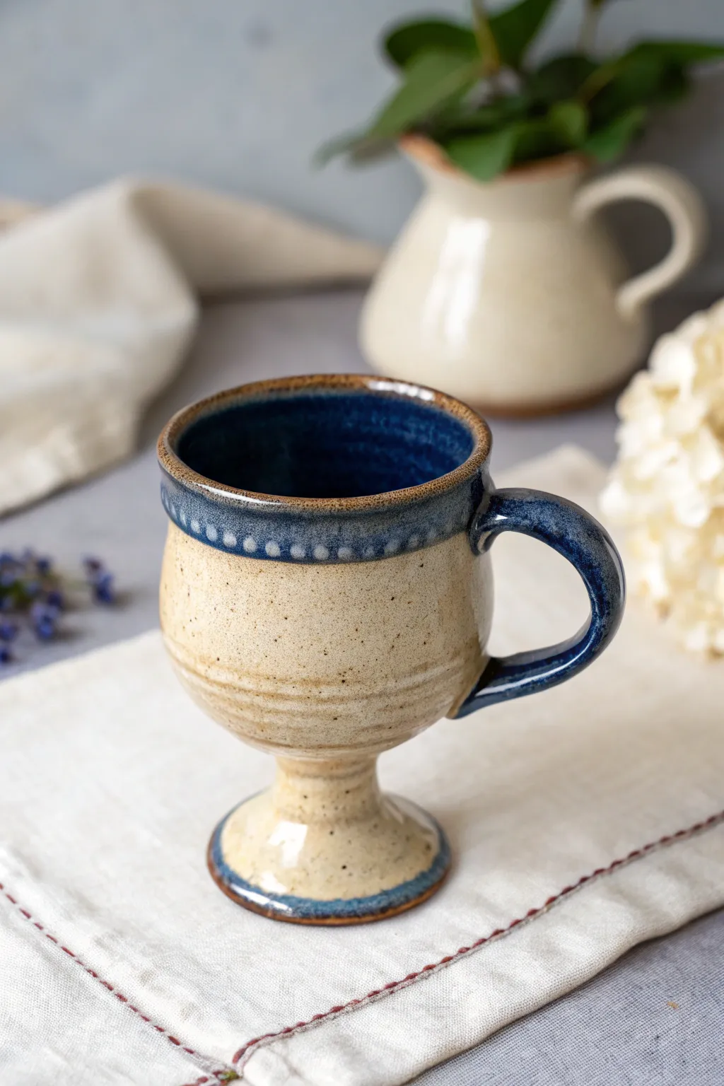 A simple footed mug with goblet charm, bold cobalt glaze, and clean Scandinavian contrast.