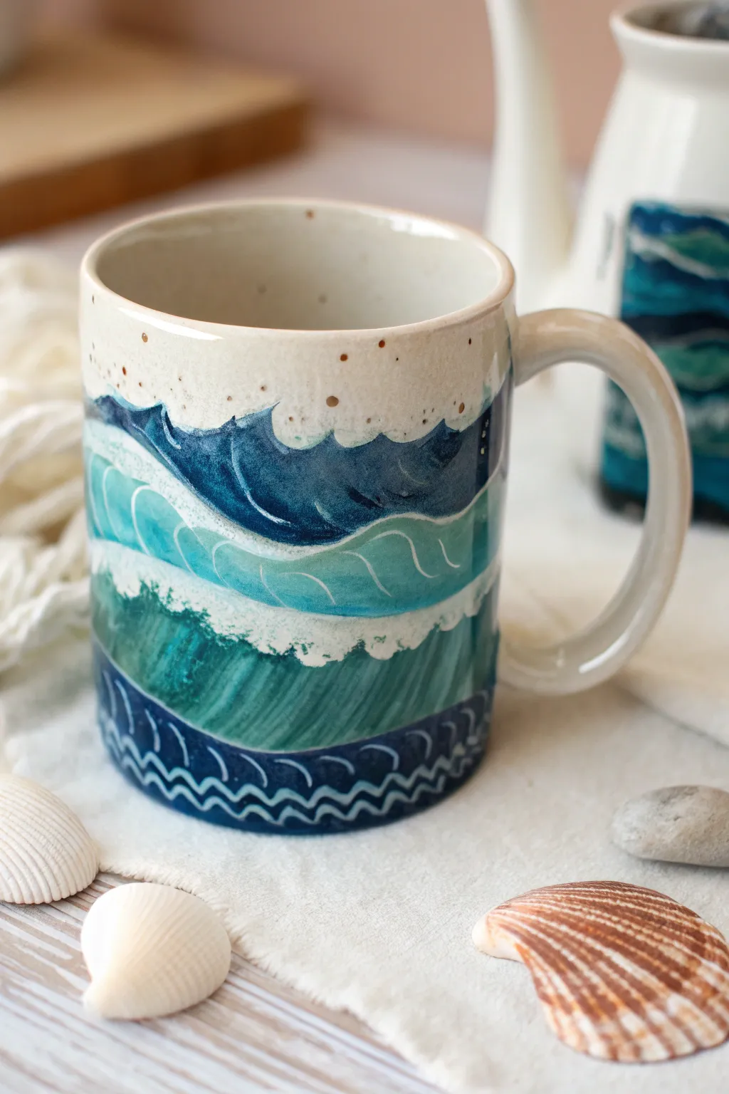 Ocean wave brushstrokes in bold blues with foam-white accents, a simple mug idea with coastal calm.