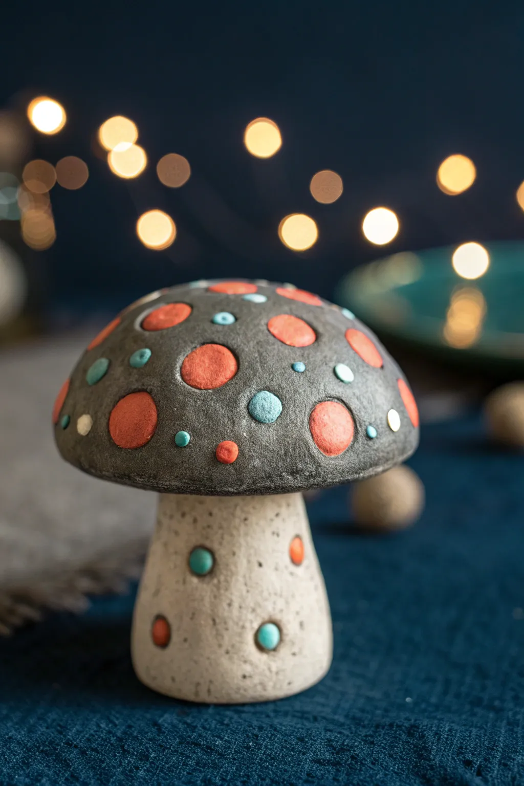 Moody clay mushroom with luminous painted dots, minimalist boho vibes and bold contrast.