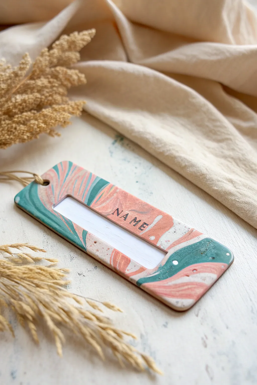 Bold marbled clay name plate with a minimalist finish, perfect for an easy Scandinavian-boho look