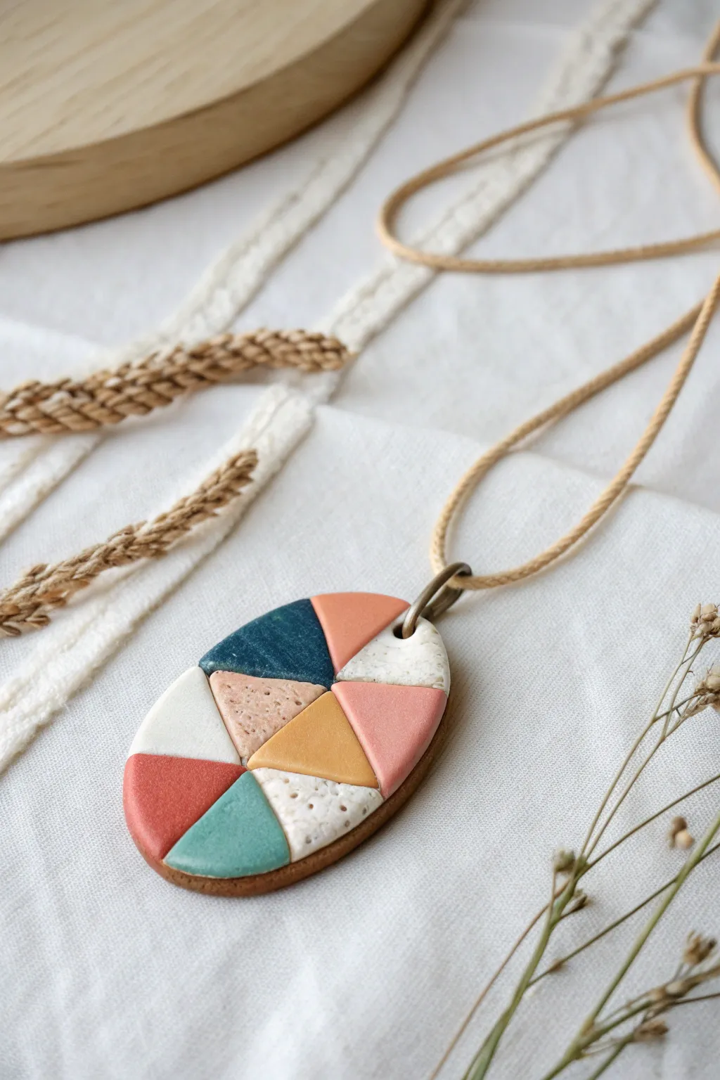 Glossy scrap-clay patchwork pendant necklace, bold mosaic colors on a clean white backdrop