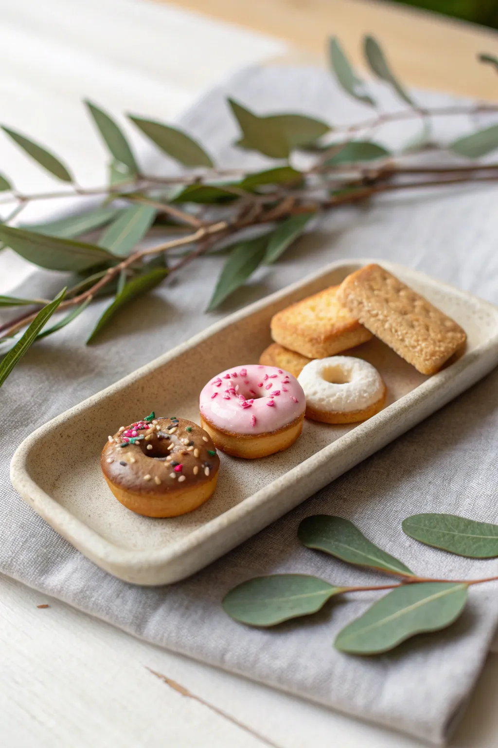 Tiny clay bakery treats on a minimalist tray, sweet details with Scandinavian boho vibes