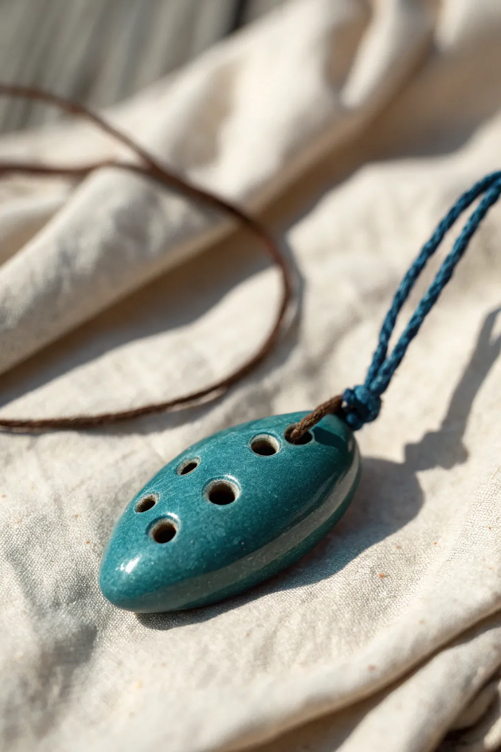 Tiny glazed pendant ocarina in bold teal, minimalist boho charm for your clay music ideas.