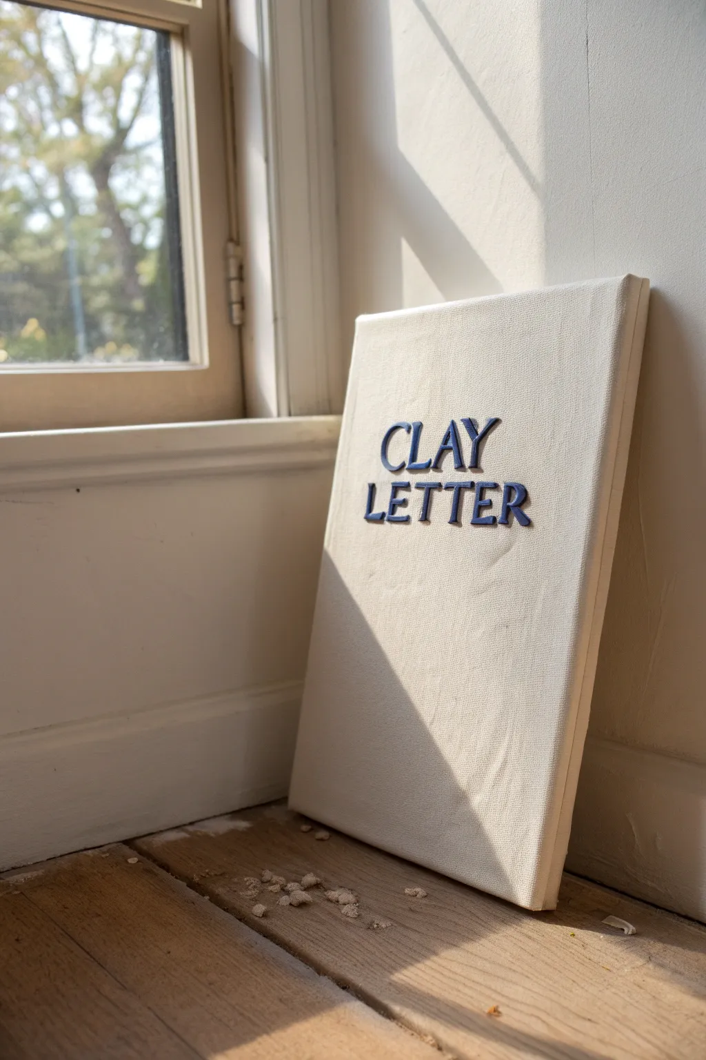 Minimal canvas art with raised clay letters, bold color contrast, and soft shadows for a DIY look