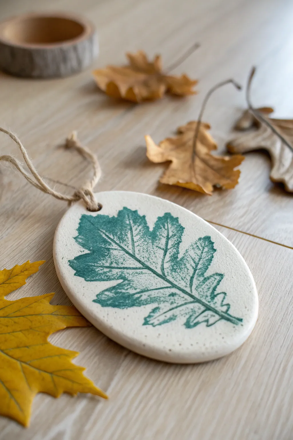 Simple leaf-imprint clay ornament with bold paint highlights, perfect for easy kids crafts