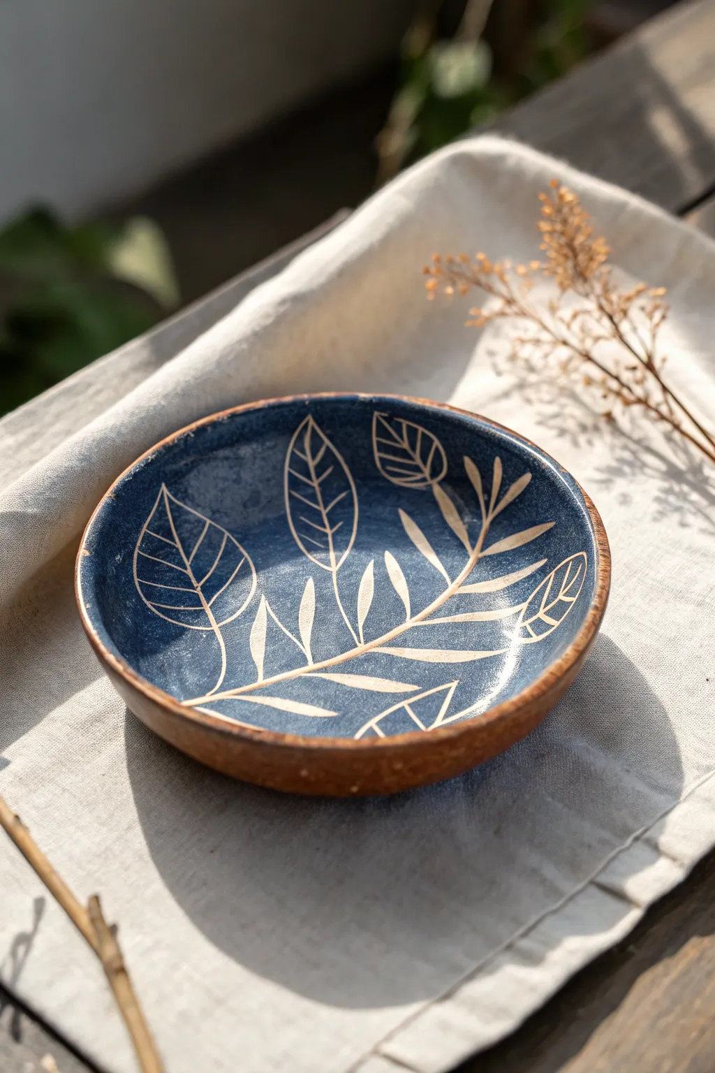 Small sgraffito dish with crisp leaf scratches revealing warm clay beneath a deep indigo glaze.
