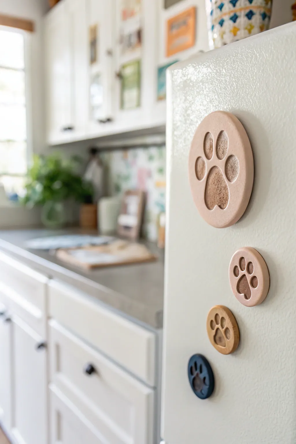 Mini clay paw print magnets in soft boho hues, a simple handmade touch for your fridge.