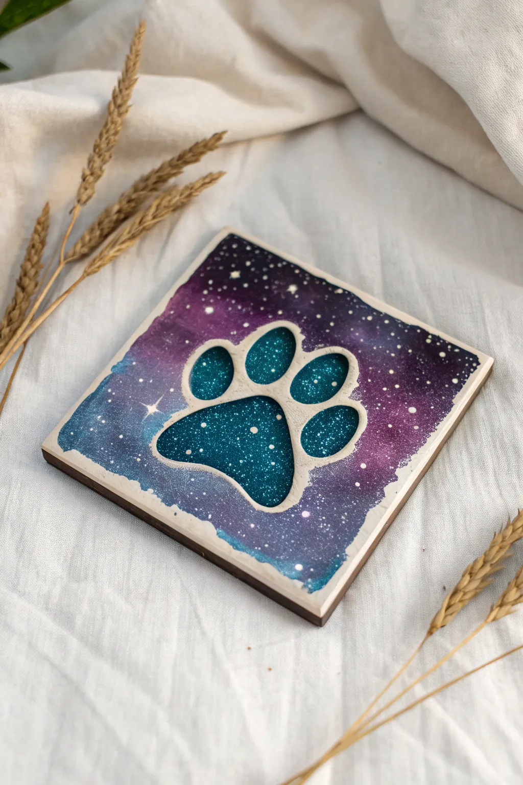 Galaxy night-sky paw print clay tile with bold shimmer against a deep navy-to-purple star field