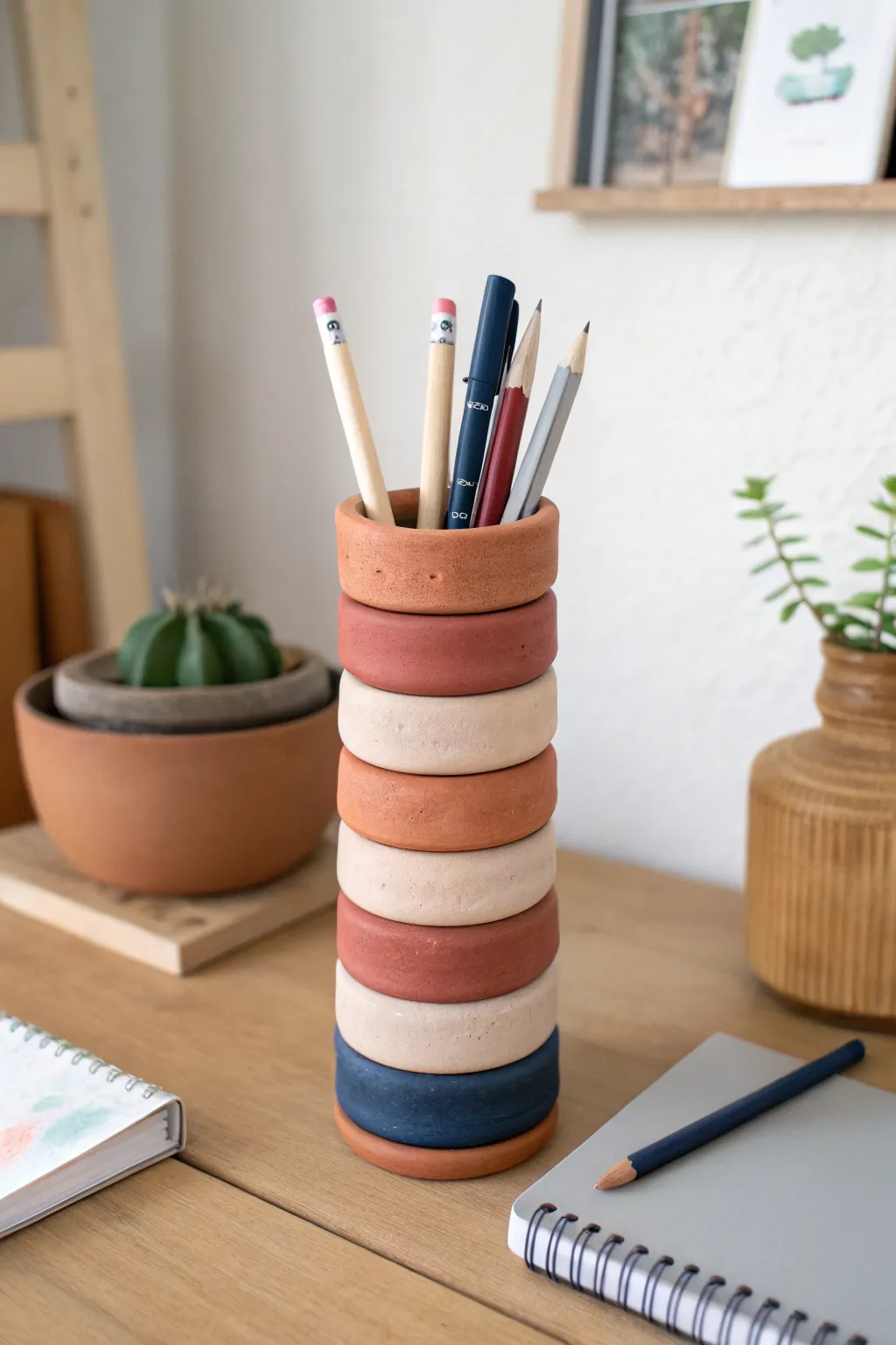 Stacked ring clay pen tower in bold earthy tones, a minimalist desk accent for brushes and pens.