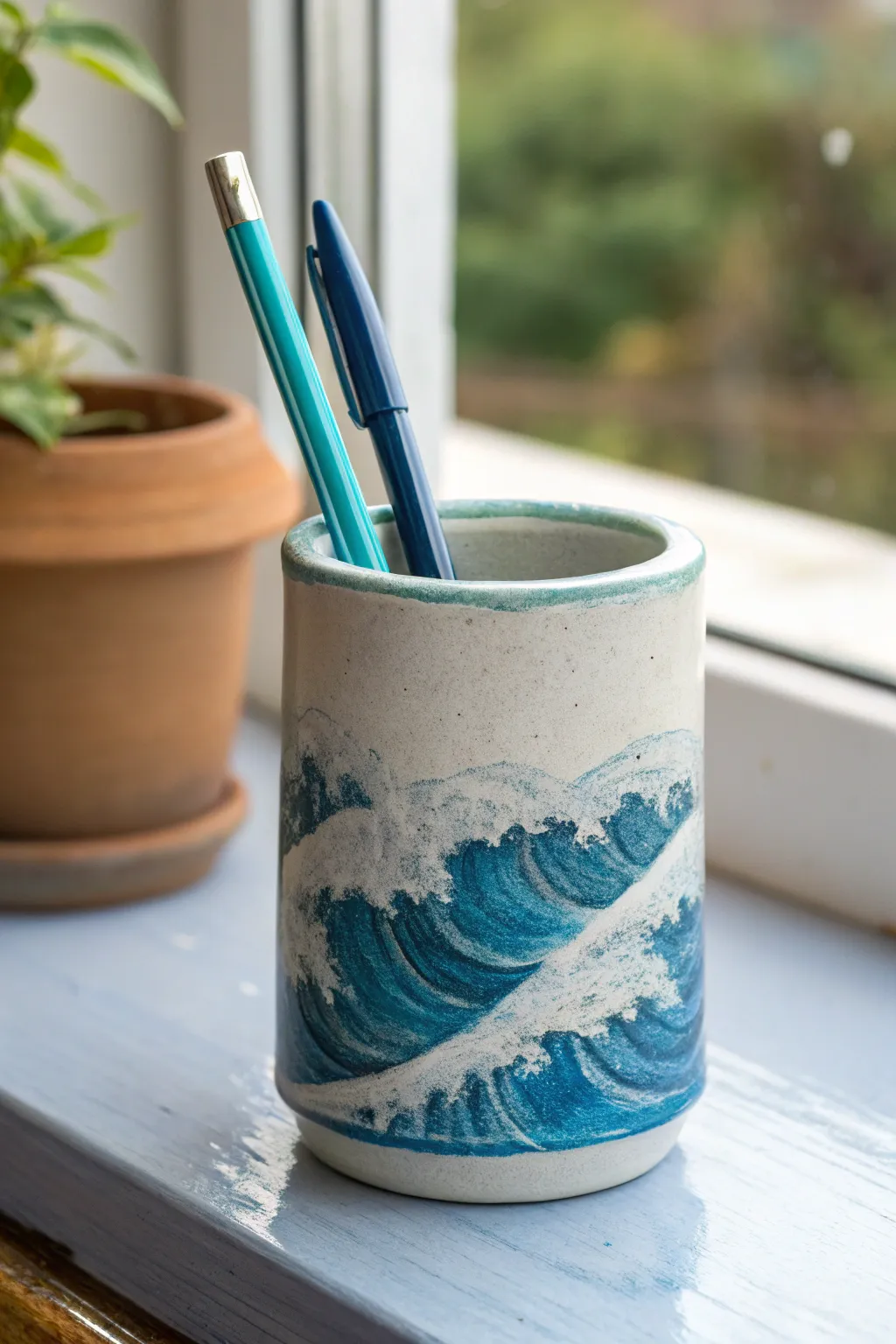 Ocean wave clay pencil holder in blue and white, styled with teal pens on a calm sandy backdrop