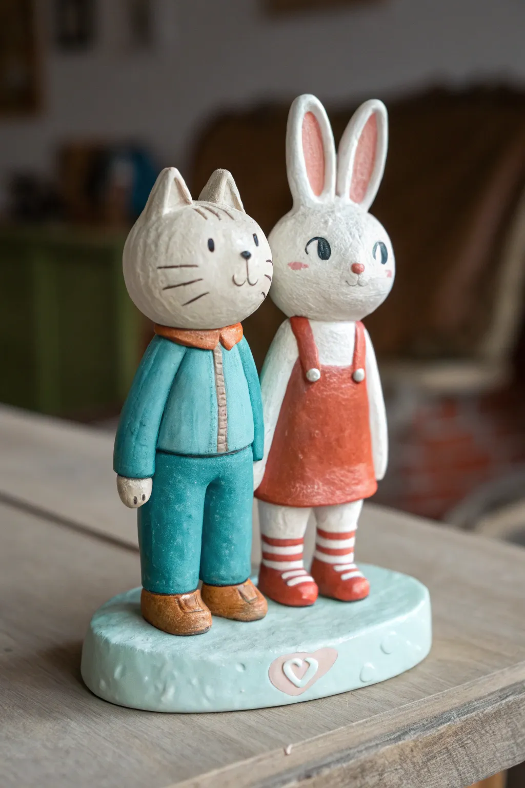 A tiny crew of clay cat and bunny people, simple outfits, bold colors, Scandinavian boho calm.