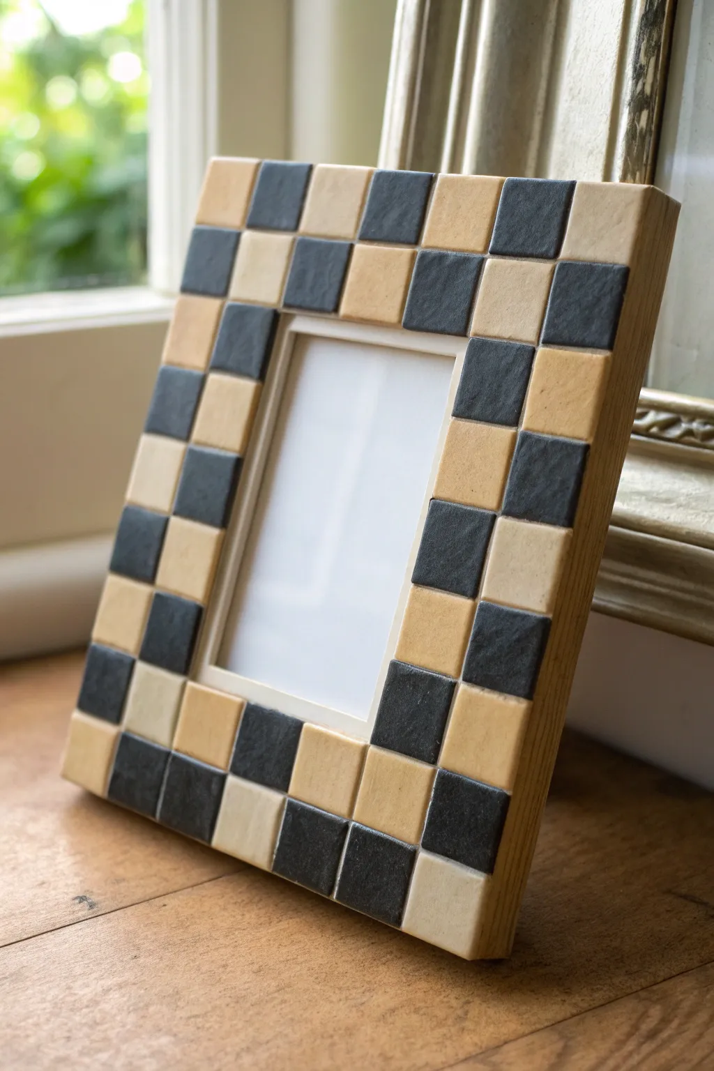 Bold checkerboard clay frame with raised tiles, a minimalist statement with cozy boho texture.