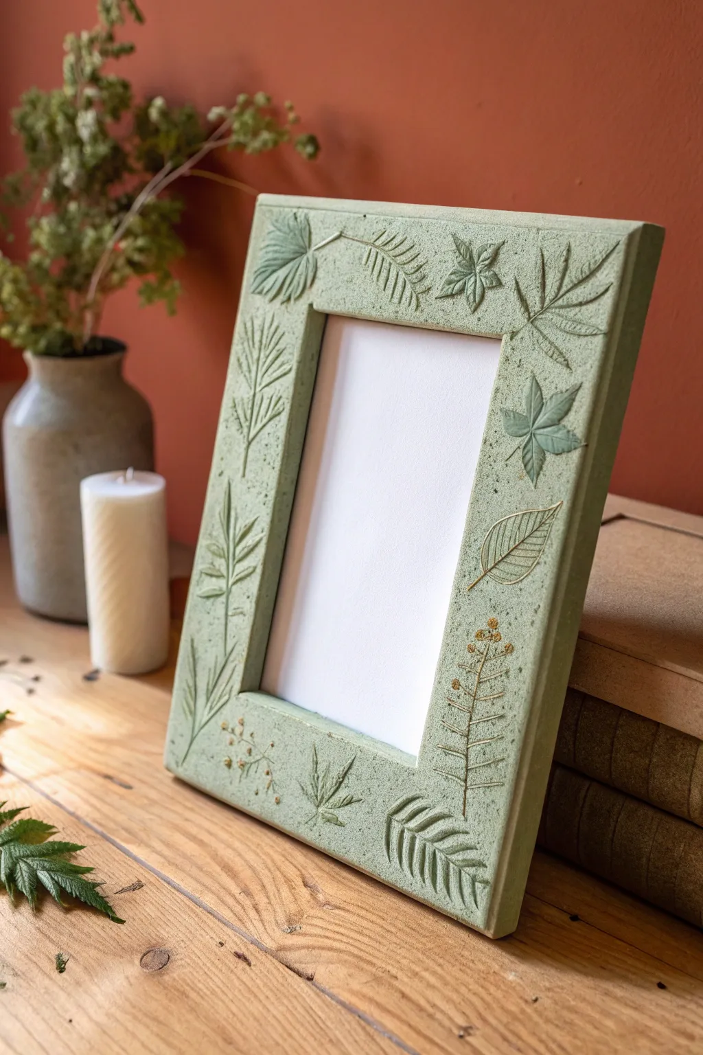 Soft sage clay frame with pressed leaf-vein border, minimalist boho style and crisp contrast.