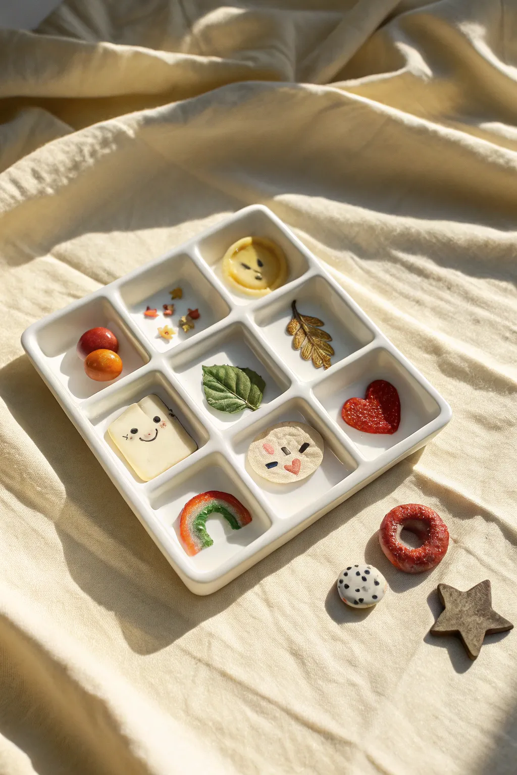 Mini clay idea grid: colorful tiny makes arranged neatly for instant inspiration.