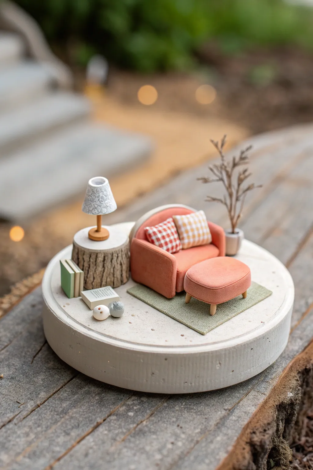 Tiny clay room diorama with couch, table and lamp, minimalist boho charm with bold terracotta