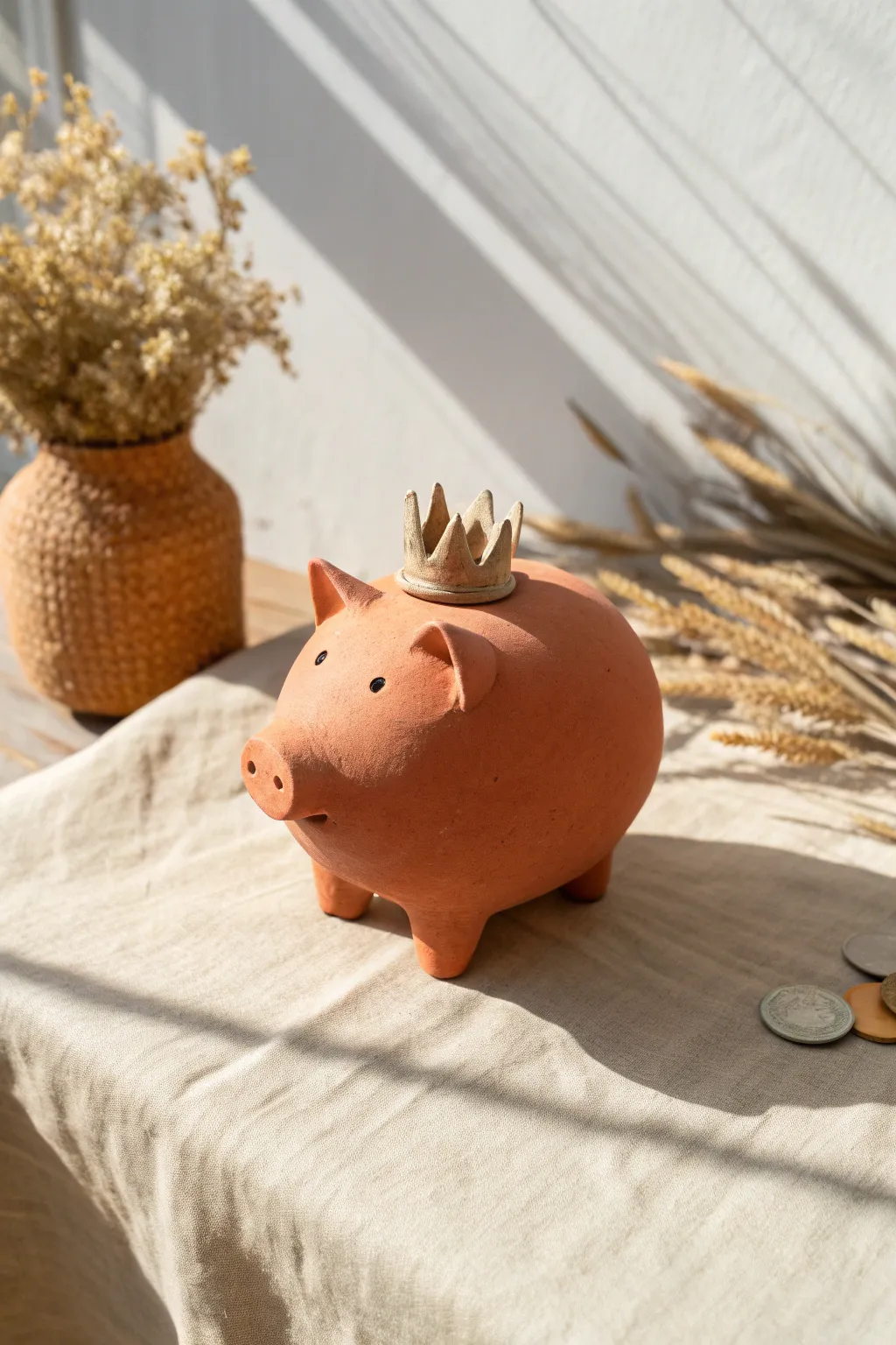 Minimal clay piggy bank with a tiny crown, bold matte coral glaze and gift-ready charm.
