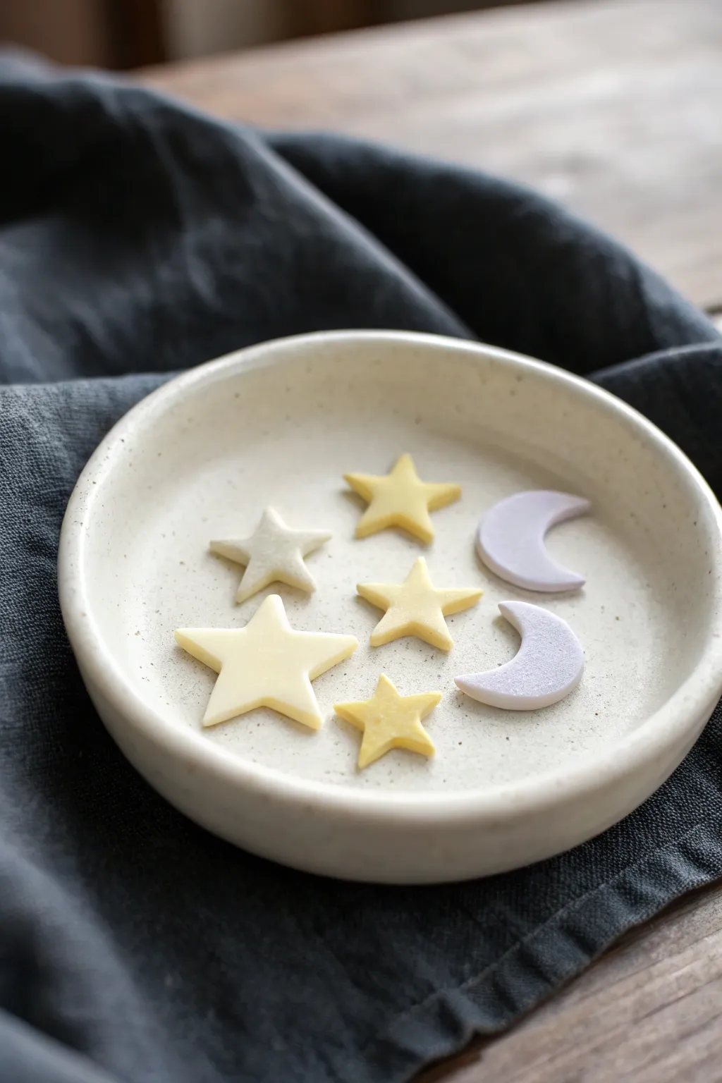 Pastel star and moon clay pins in buttery yellow and lavender, styled like a tiny constellation.