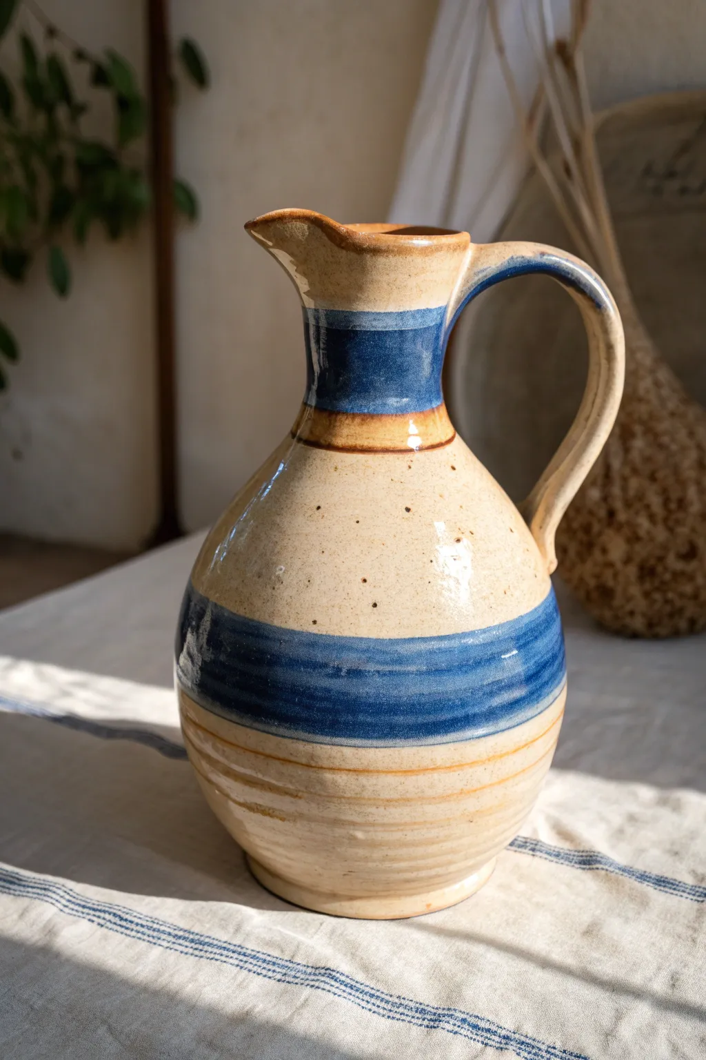 Layered glaze pitcher with gentle drips, bold cobalt and sand tones on a calm neutral base