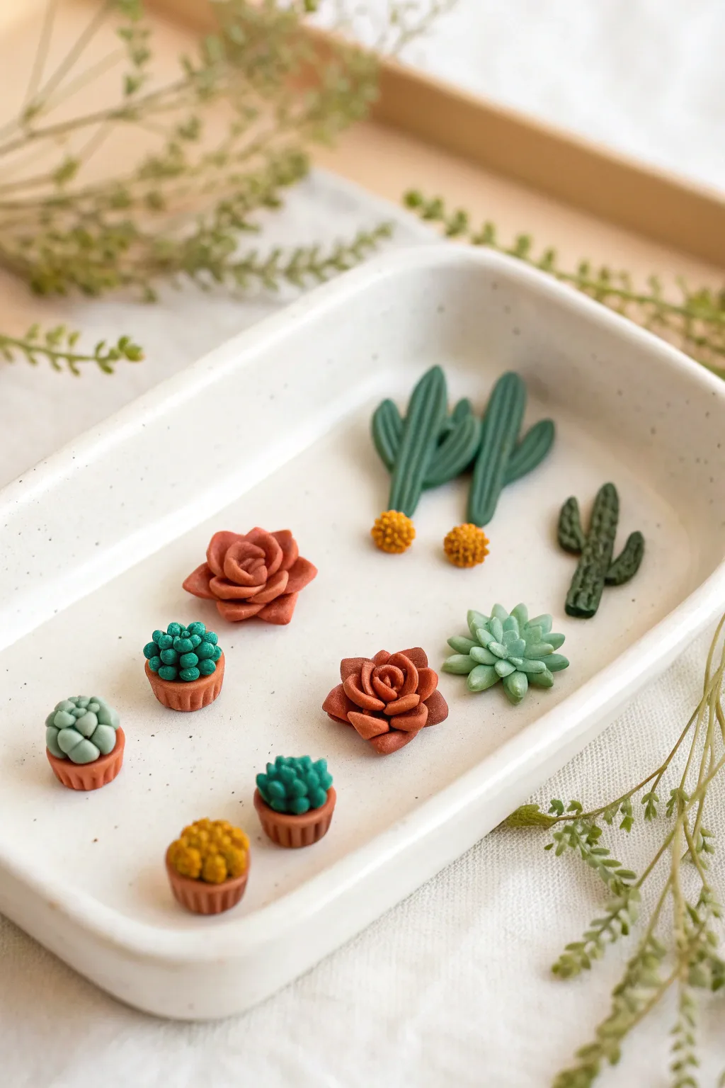 Tiny clay succulents and cactus studs, neatly styled on a minimalist tray for boho Scandinavian vibes
