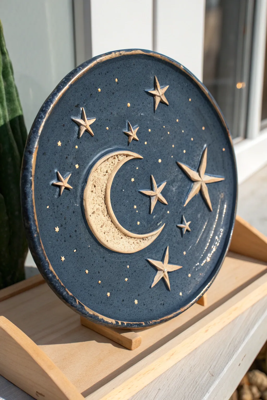 Moody moon and stars clay plaque with crisp carvings and beautiful contrast in minimalist style