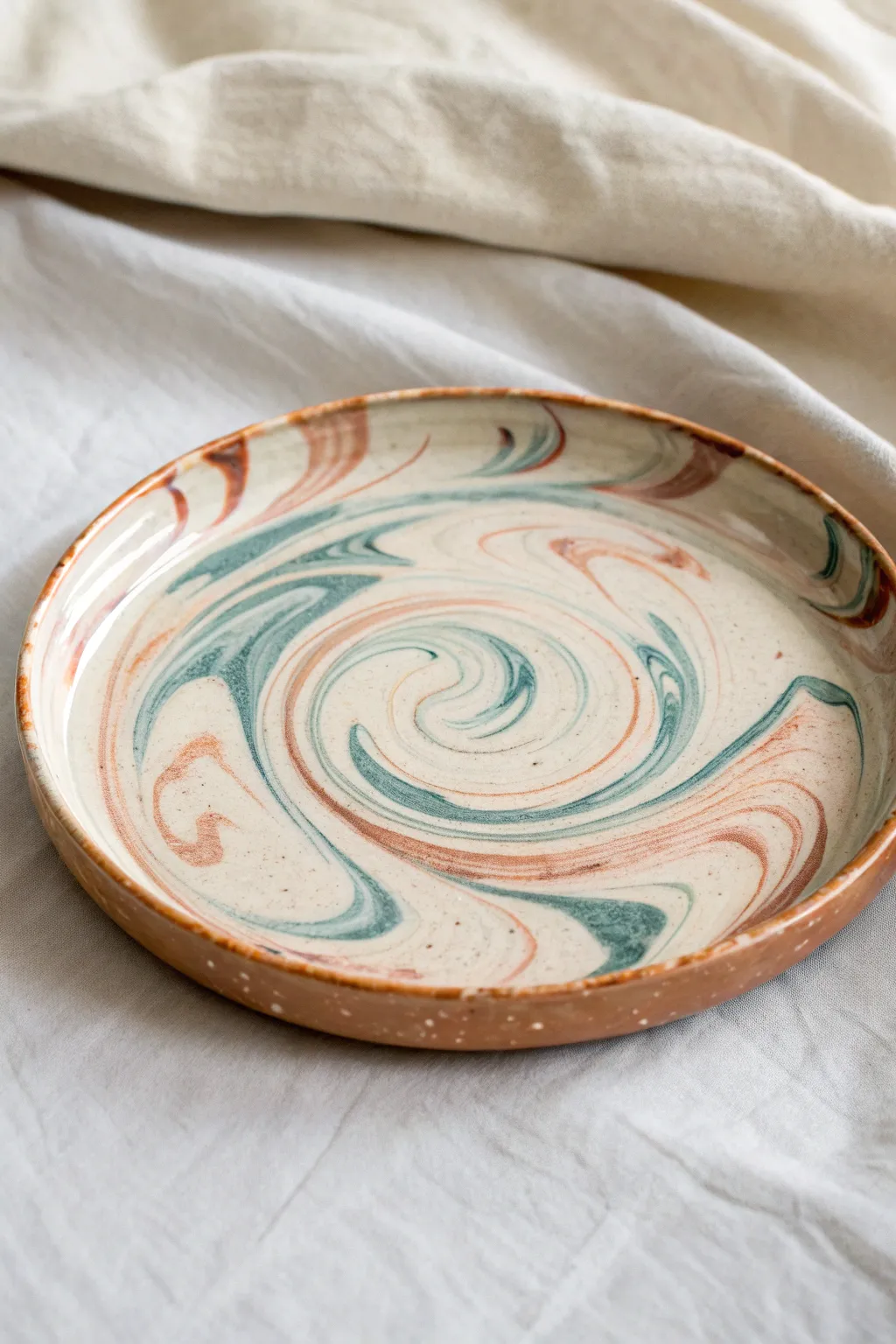 Creamy marbled slip swirls steal the show on this glossy plate, simple and striking.