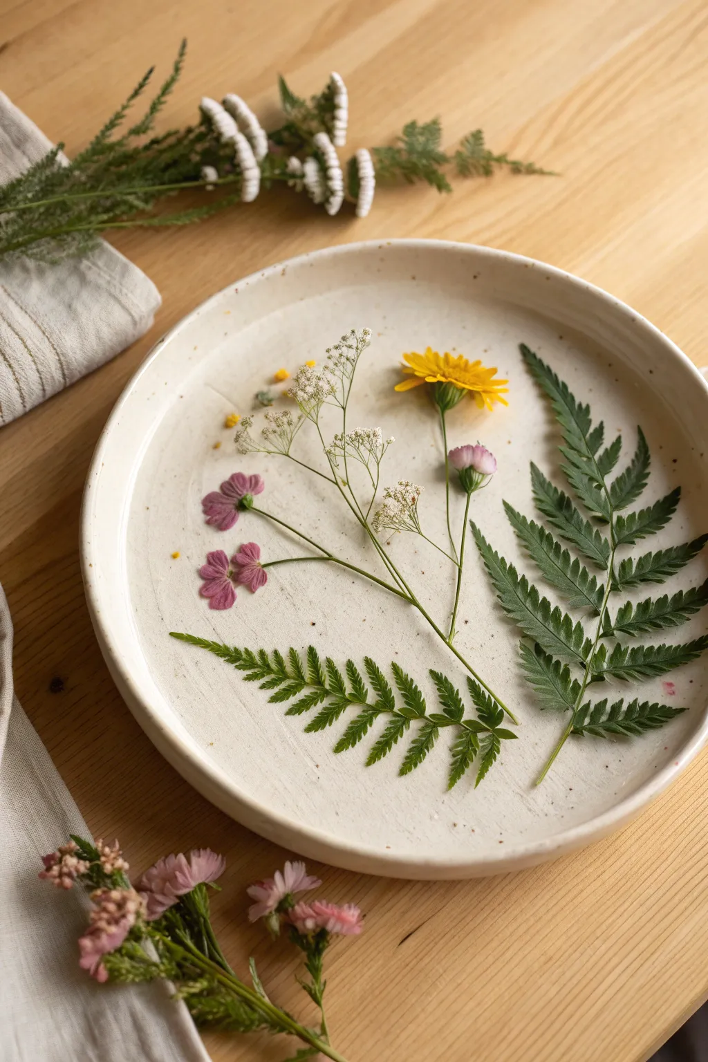Pressed flower keepsake clay plate in soft light, minimalist and warm with vibrant botanical detail