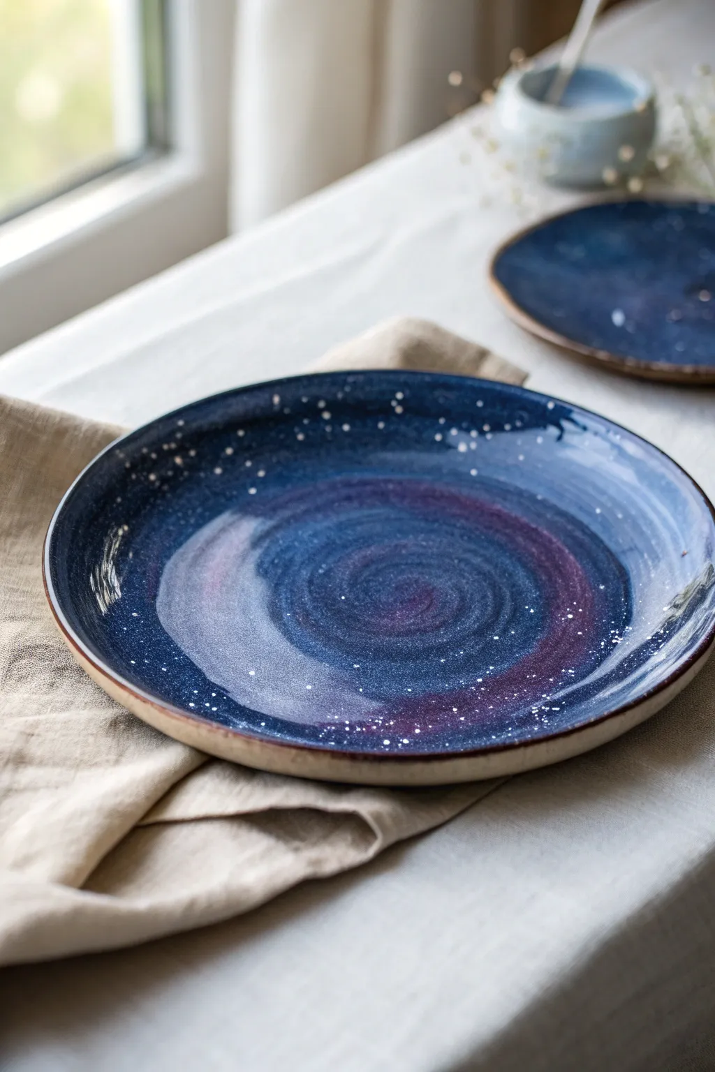 Paint a dreamy galaxy plate with bold blues, purples, and simple starry speckles.