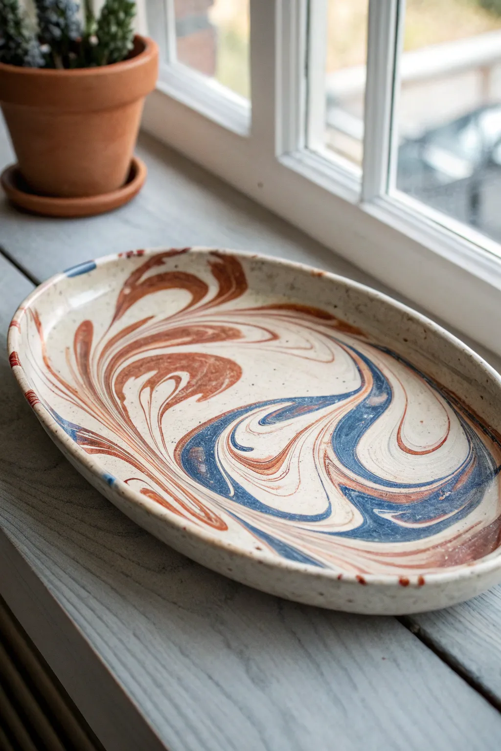 Bold marbled swirl platter in terracotta and cobalt, minimalist form with striking contrast