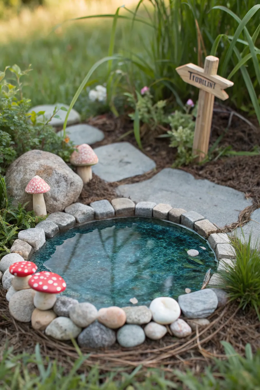 Fairy garden clay pond with stone ring and tiny path, simple magic in bold boho tones
