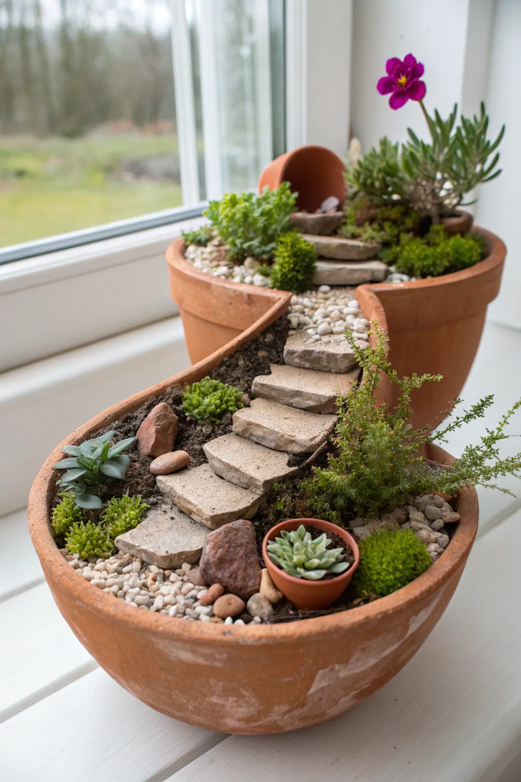 Broken terracotta pot turned into a tiny fairy garden with steps, pebbles, and lush greenery.