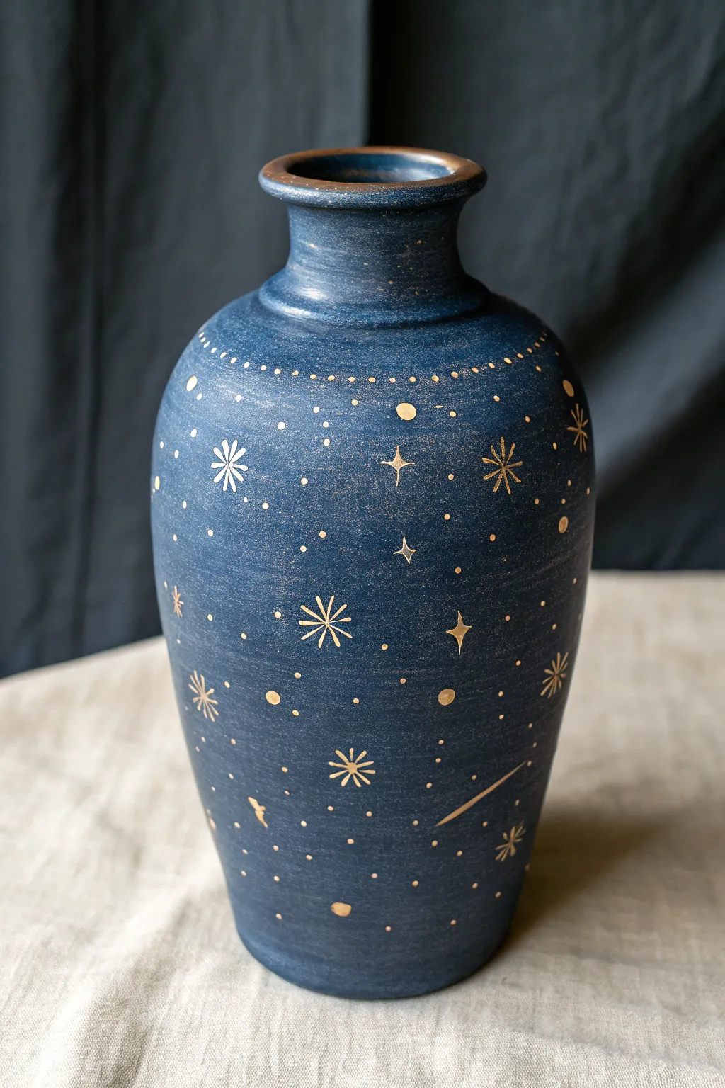 Celestial navy clay pot with simple gold stars, a minimalist night-sky glow for your shelf.