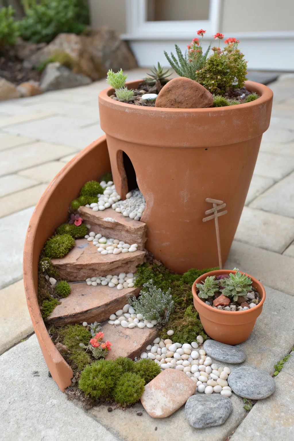 Broken terracotta pot turned into a dreamy fairy garden with pebble steps and tiny plants