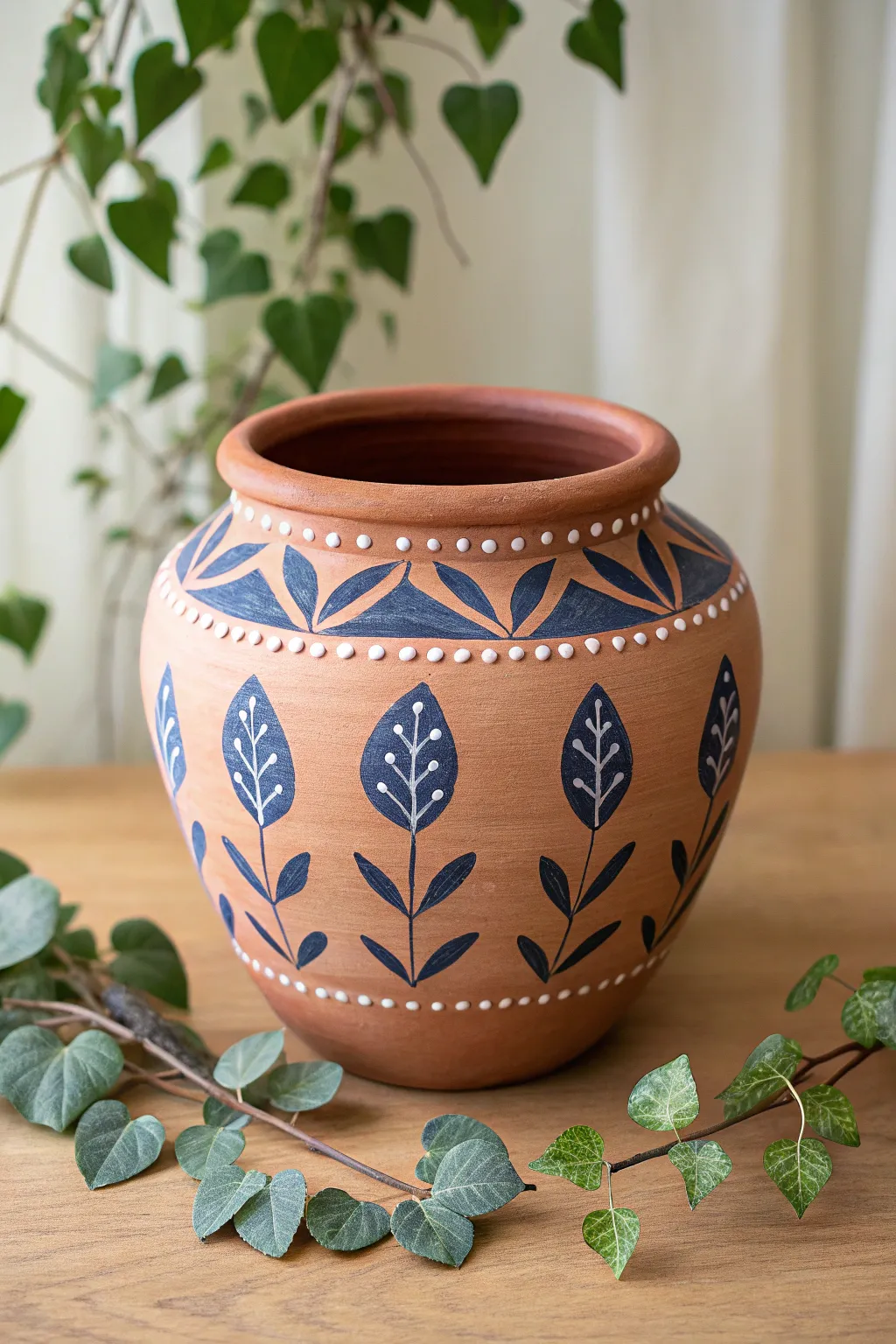 Simple raised clay appliqués bring tactile texture to a minimalist pot in a bold, cohesive palette.